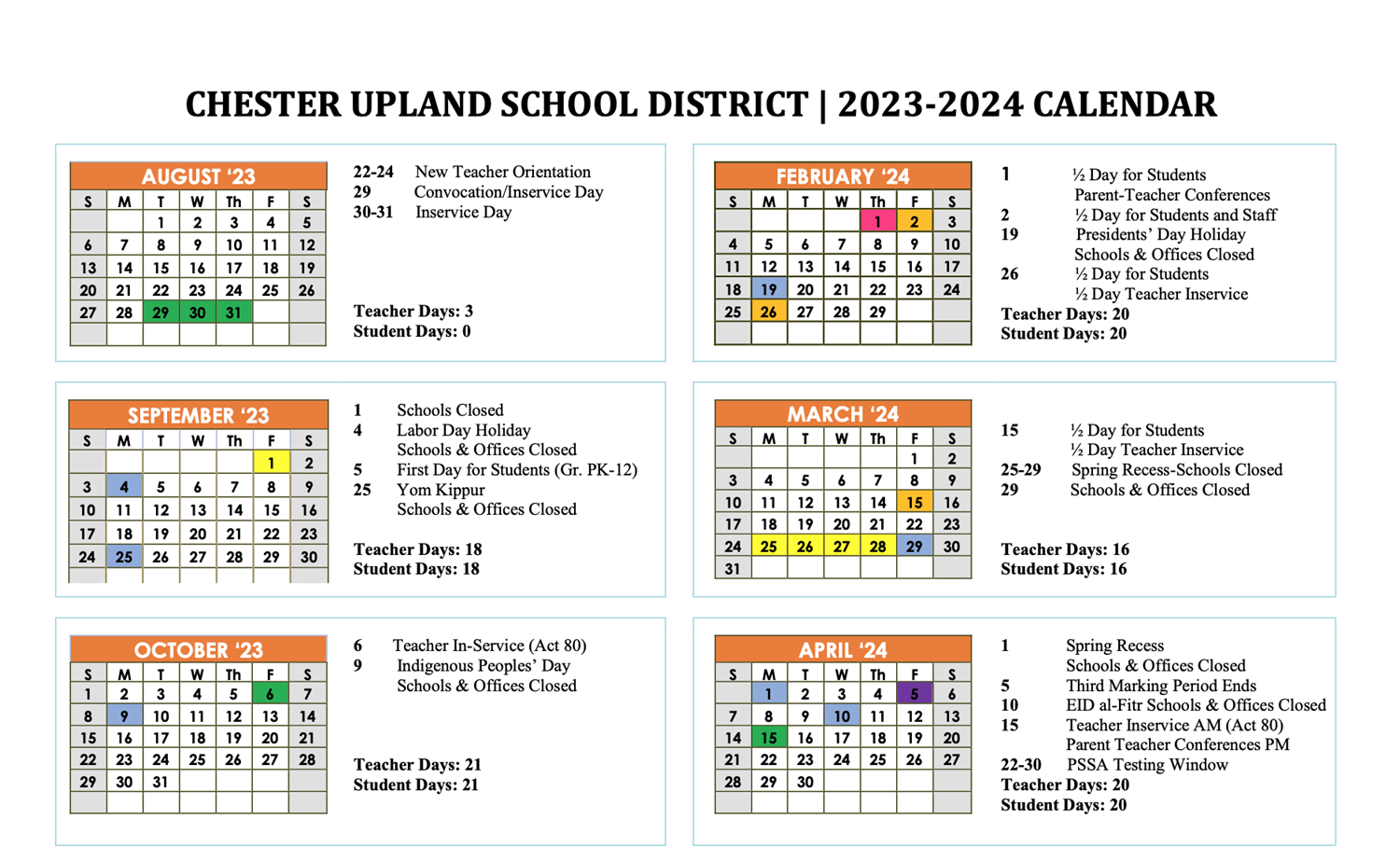 screen shot of the CUSD Academic calendar PDF 